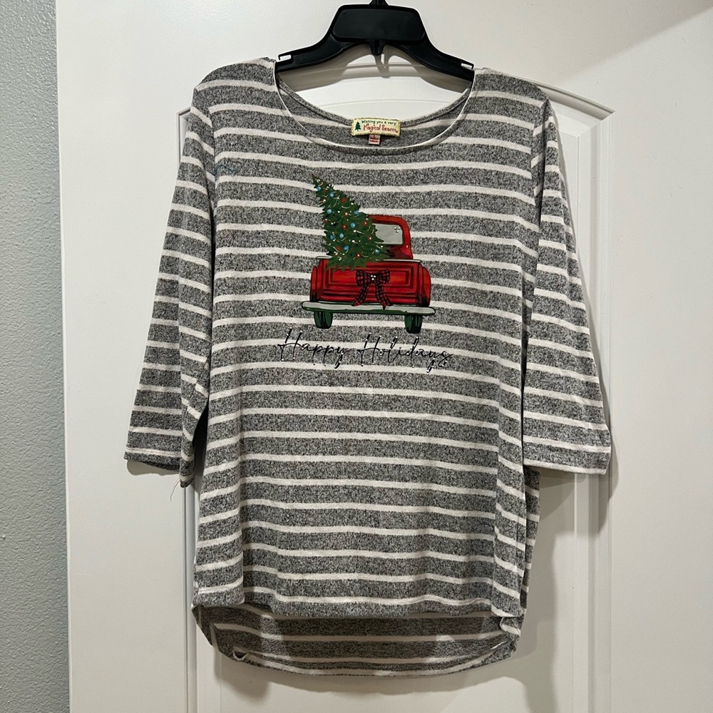 Striped Holiday Top with Red Truck Design